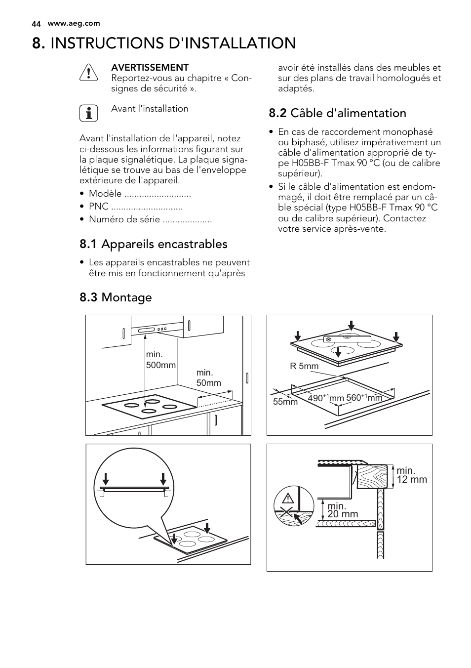 Instructions d'installation, 1 appareils encastrables, 2 câble d'alimentation | 3 montage | AEG HK764070FB User Manual | Page 44 / 64