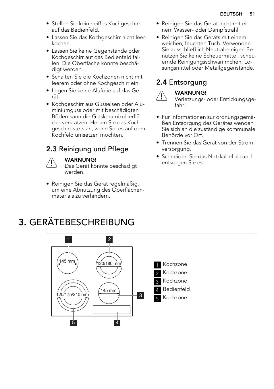 Gerätebeschreibung, 3 reinigung und pflege, 4 entsorgung | AEG HK764070FB User Manual | Page 51 / 64