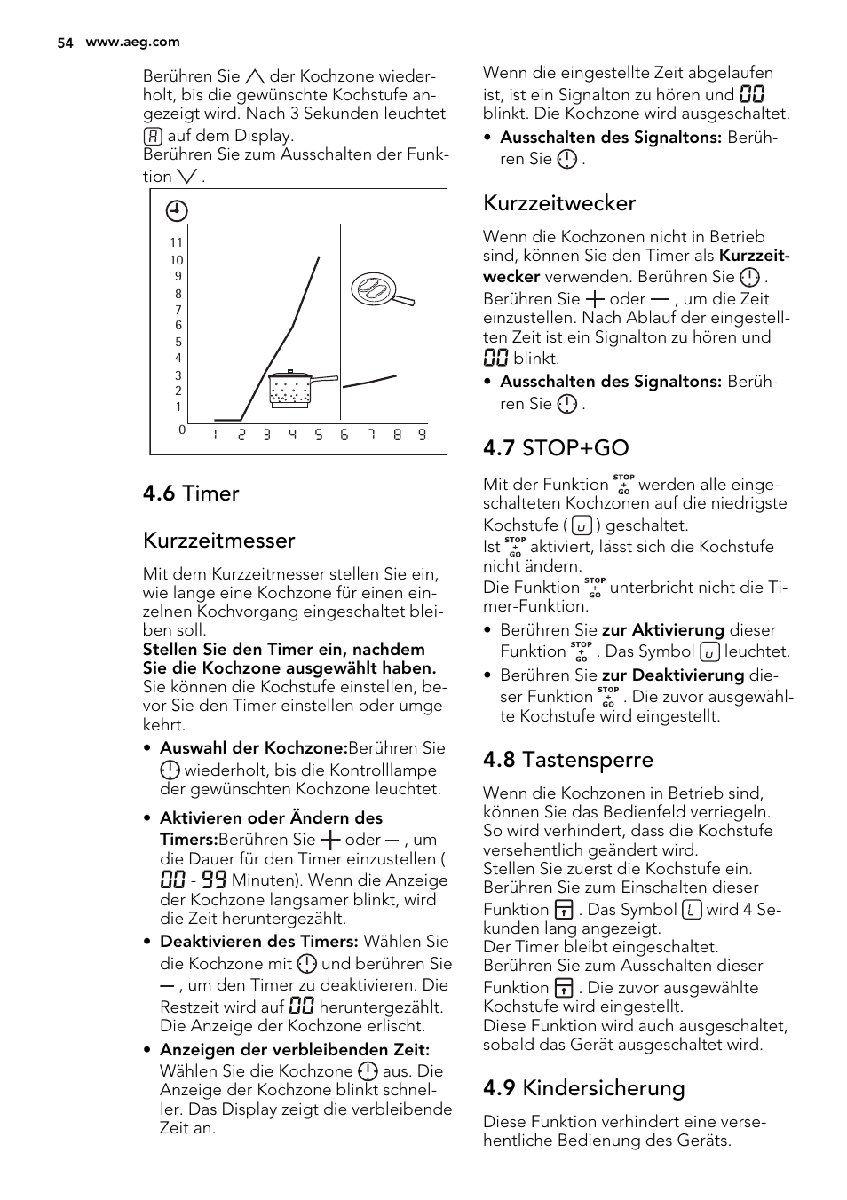 6 timer kurzzeitmesser, Kurzzeitwecker, 7 stop+go | 8 tastensperre, 9 kindersicherung | AEG HK764070FB User Manual | Page 54 / 64