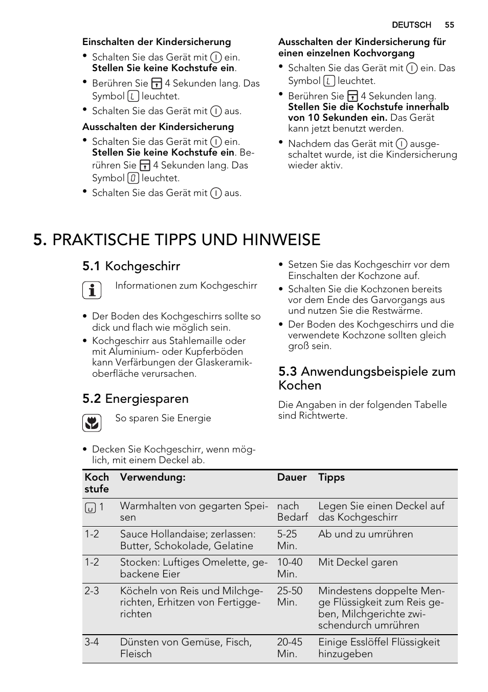 Praktische tipps und hinweise, 1 kochgeschirr, 2 energiesparen | 3 anwendungsbeispiele zum kochen | AEG HK764070FB User Manual | Page 55 / 64