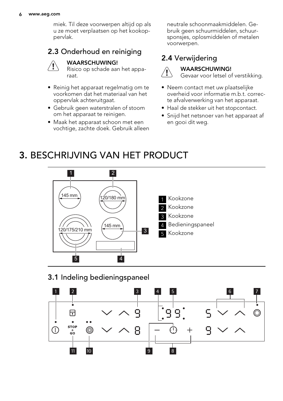 Beschrijving van het product, 3 onderhoud en reiniging, 4 verwijdering | 1 indeling bedieningspaneel | AEG HK764070FB User Manual | Page 6 / 64