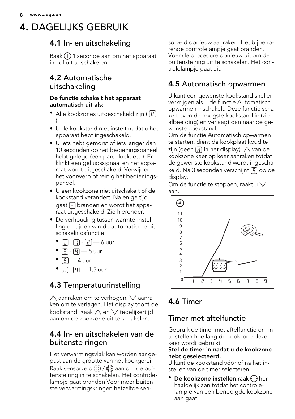 Dagelijks gebruik, 1 in- en uitschakeling, 2 automatische uitschakeling | 3 temperatuurinstelling, 4 in- en uitschakelen van de buitenste ringen, 5 automatisch opwarmen, 6 timer timer met aftelfunctie | AEG HK764070FB User Manual | Page 8 / 64