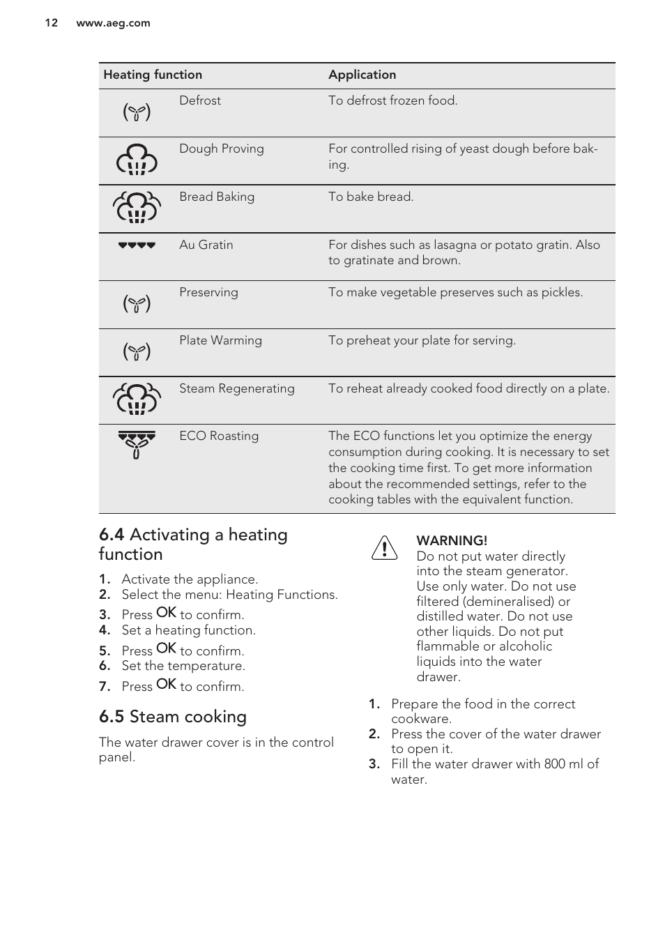 4 activating a heating function, 5 steam cooking | AEG MCD3881E-M User Manual | Page 12 / 40