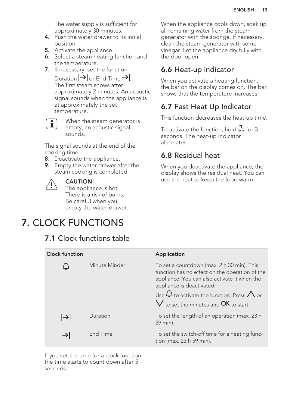 6 heat-up indicator, 7 fast heat up indicator, 8 residual heat | Clock functions, 1 clock functions table | AEG MCD3881E-M User Manual | Page 13 / 40