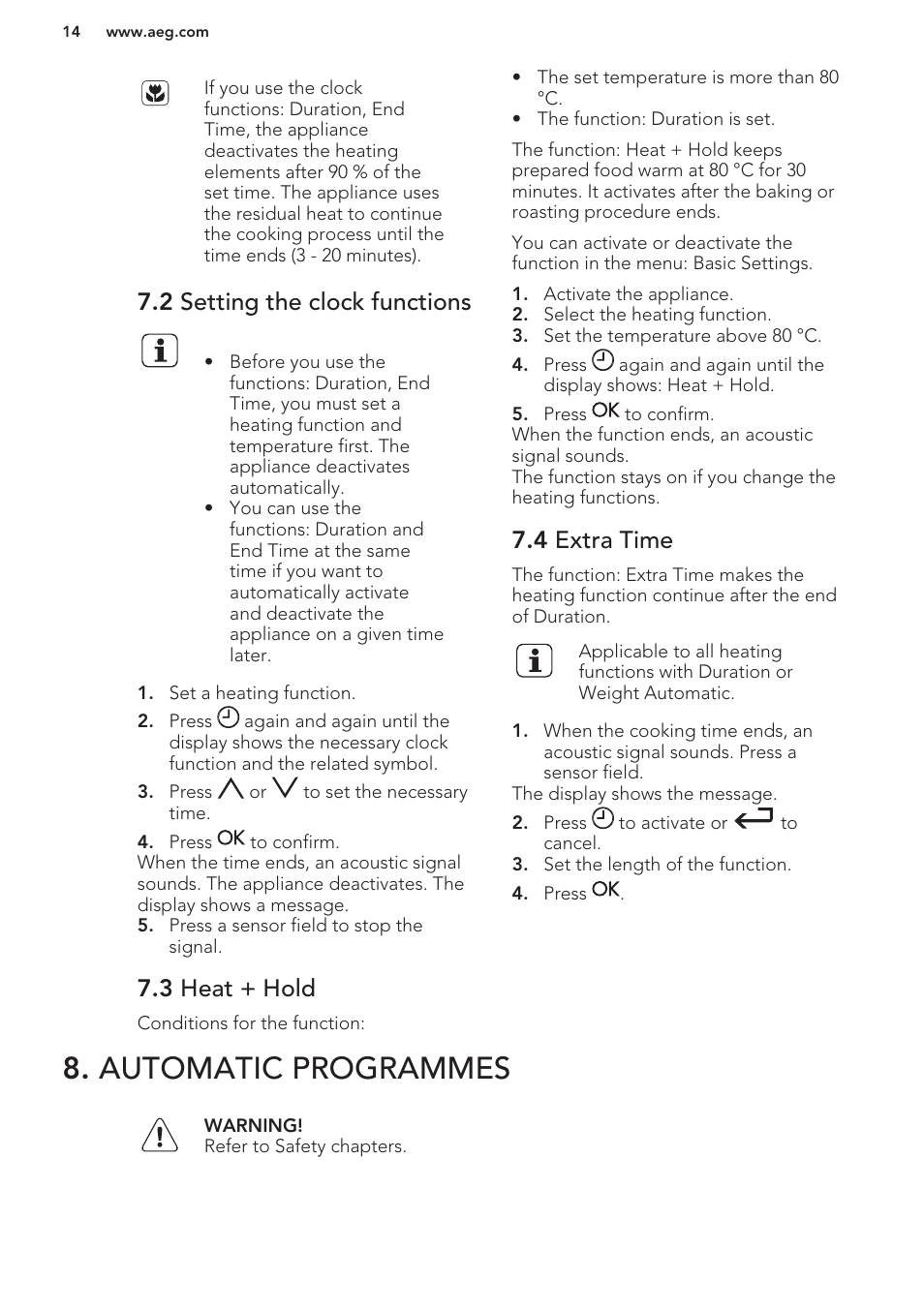 2 setting the clock functions, 3 heat + hold, 4 extra time | Automatic programmes | AEG MCD3881E-M User Manual | Page 14 / 40