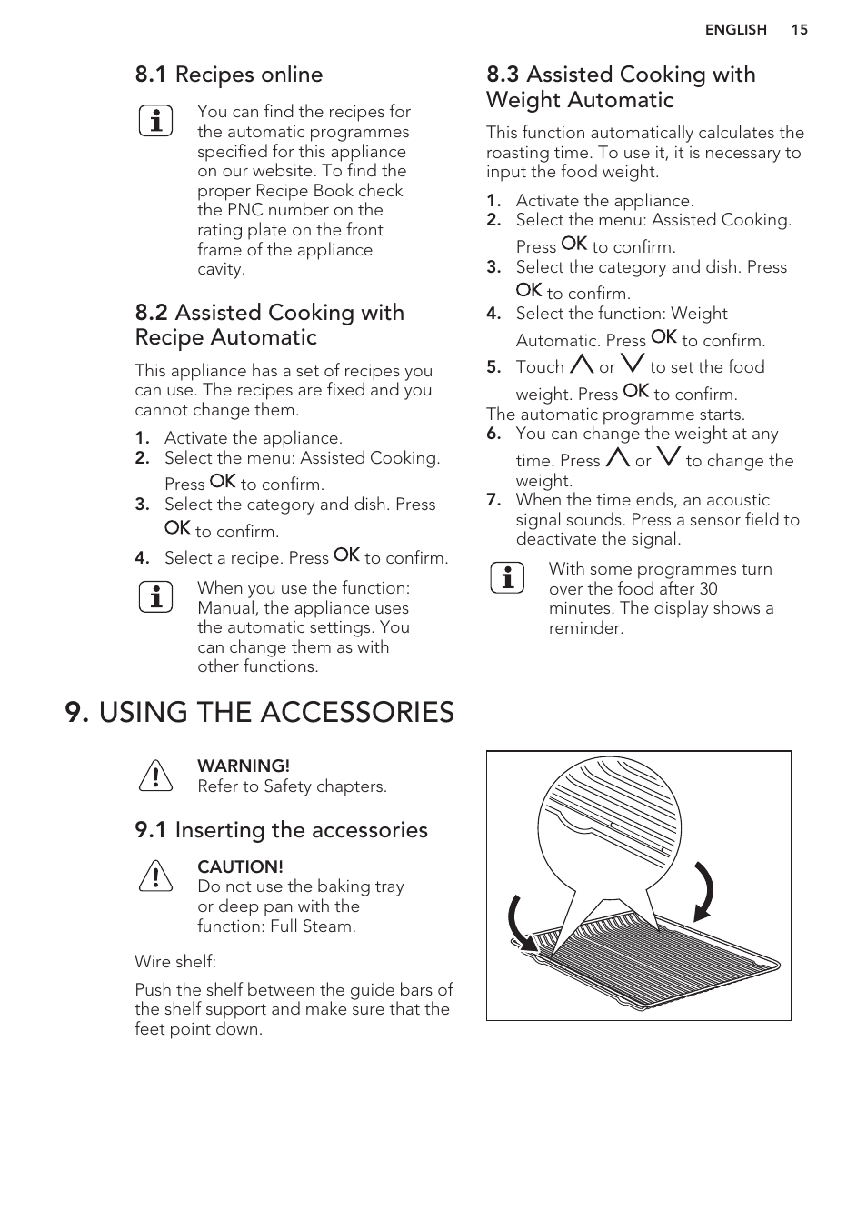 1 recipes online, 2 assisted cooking with recipe automatic, 3 assisted cooking with weight automatic | Using the accessories, 1 inserting the accessories | AEG MCD3881E-M User Manual | Page 15 / 40