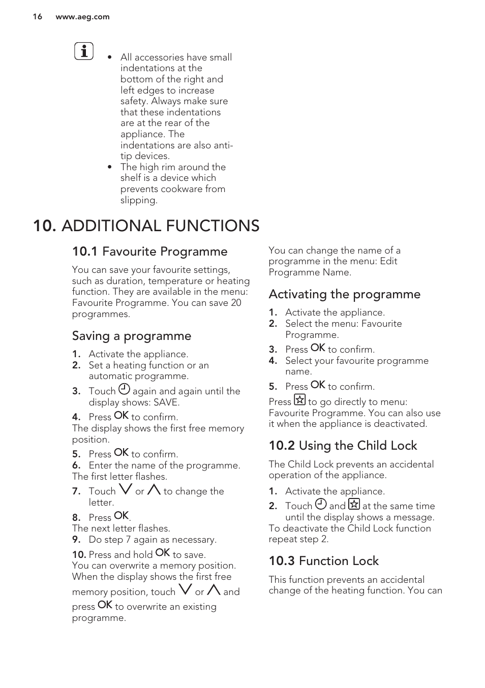 Additional functions, 1 favourite programme, Saving a programme | Activating the programme, 2 using the child lock, 3 function lock | AEG MCD3881E-M User Manual | Page 16 / 40