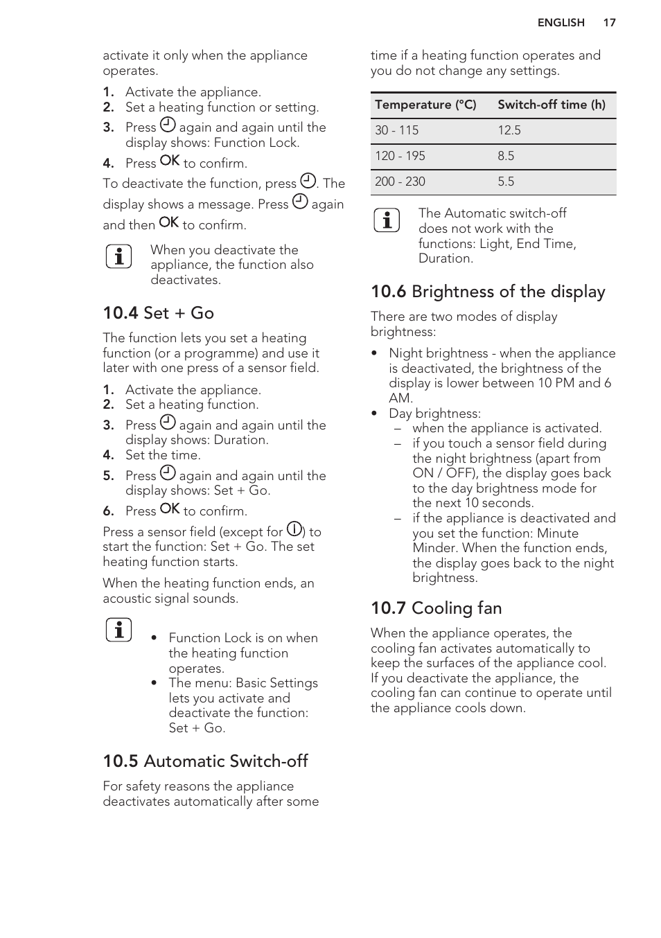 4 set + go, 5 automatic switch-off, 6 brightness of the display | 7 cooling fan | AEG MCD3881E-M User Manual | Page 17 / 40
