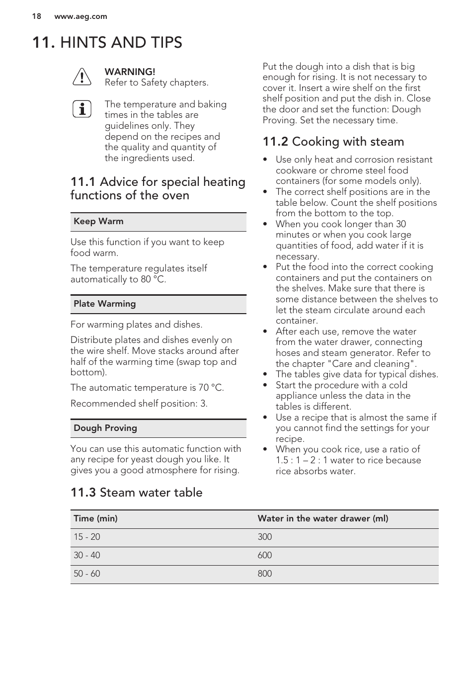 Hints and tips, 1 advice for special heating functions of the oven, 2 cooking with steam | 3 steam water table | AEG MCD3881E-M User Manual | Page 18 / 40