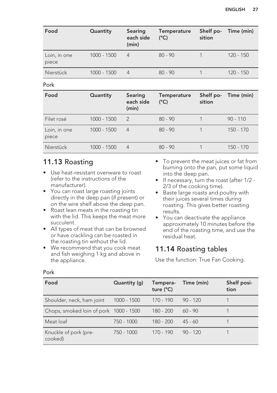 13 roasting, 14 roasting tables | AEG MCD3881E-M User Manual | Page 27 / 40