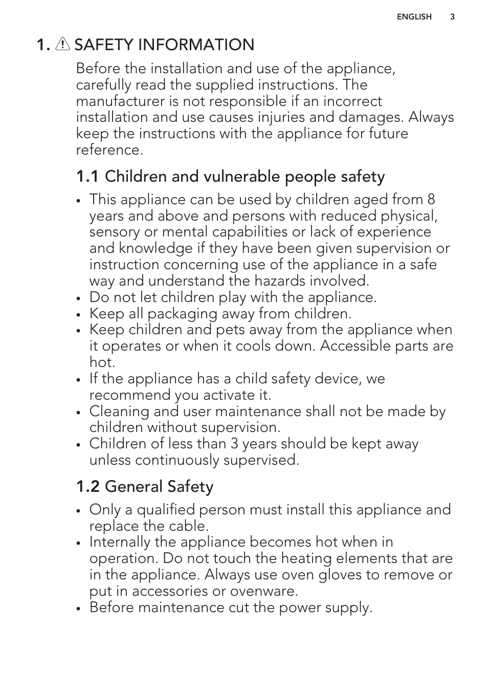 Safety information, 1 children and vulnerable people safety, 2 general safety | AEG MCD3881E-M User Manual | Page 3 / 40