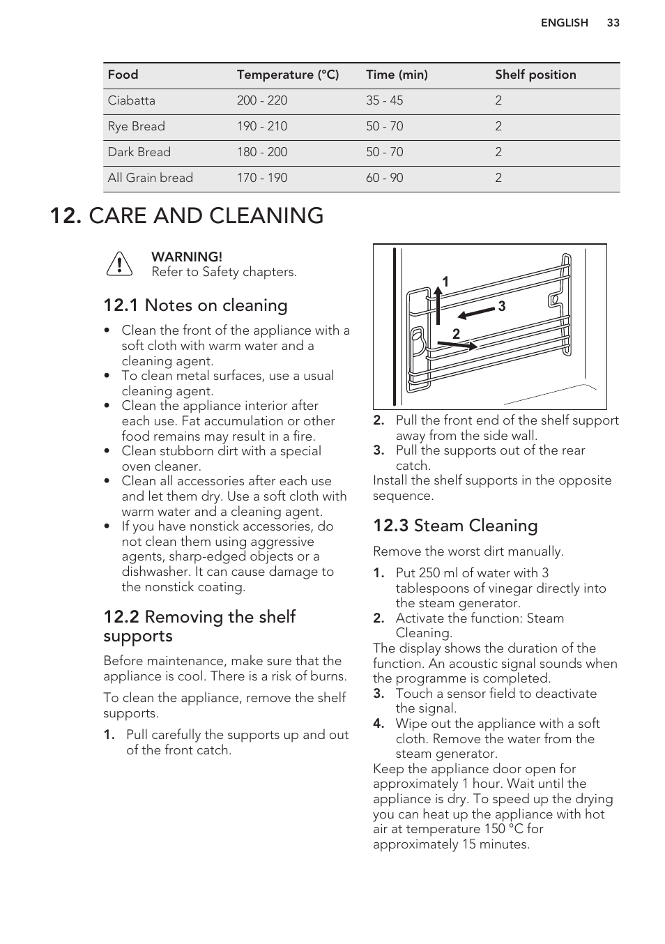 Care and cleaning, 1 notes on cleaning, 2 removing the shelf supports | 3 steam cleaning | AEG MCD3881E-M User Manual | Page 33 / 40