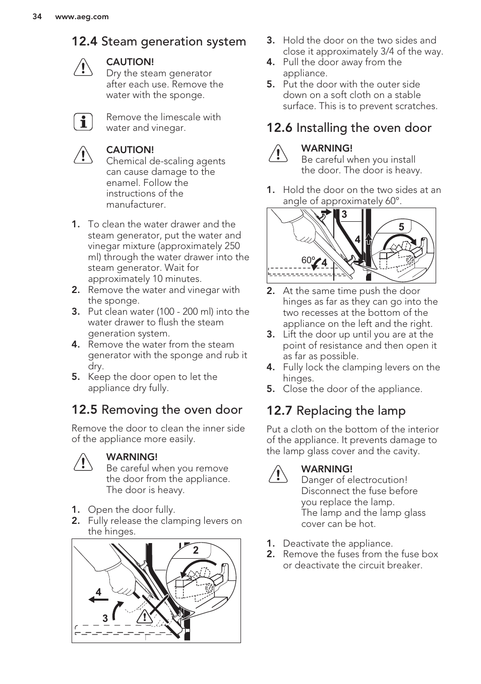 4 steam generation system, 5 removing the oven door, 6 installing the oven door | 7 replacing the lamp | AEG MCD3881E-M User Manual | Page 34 / 40