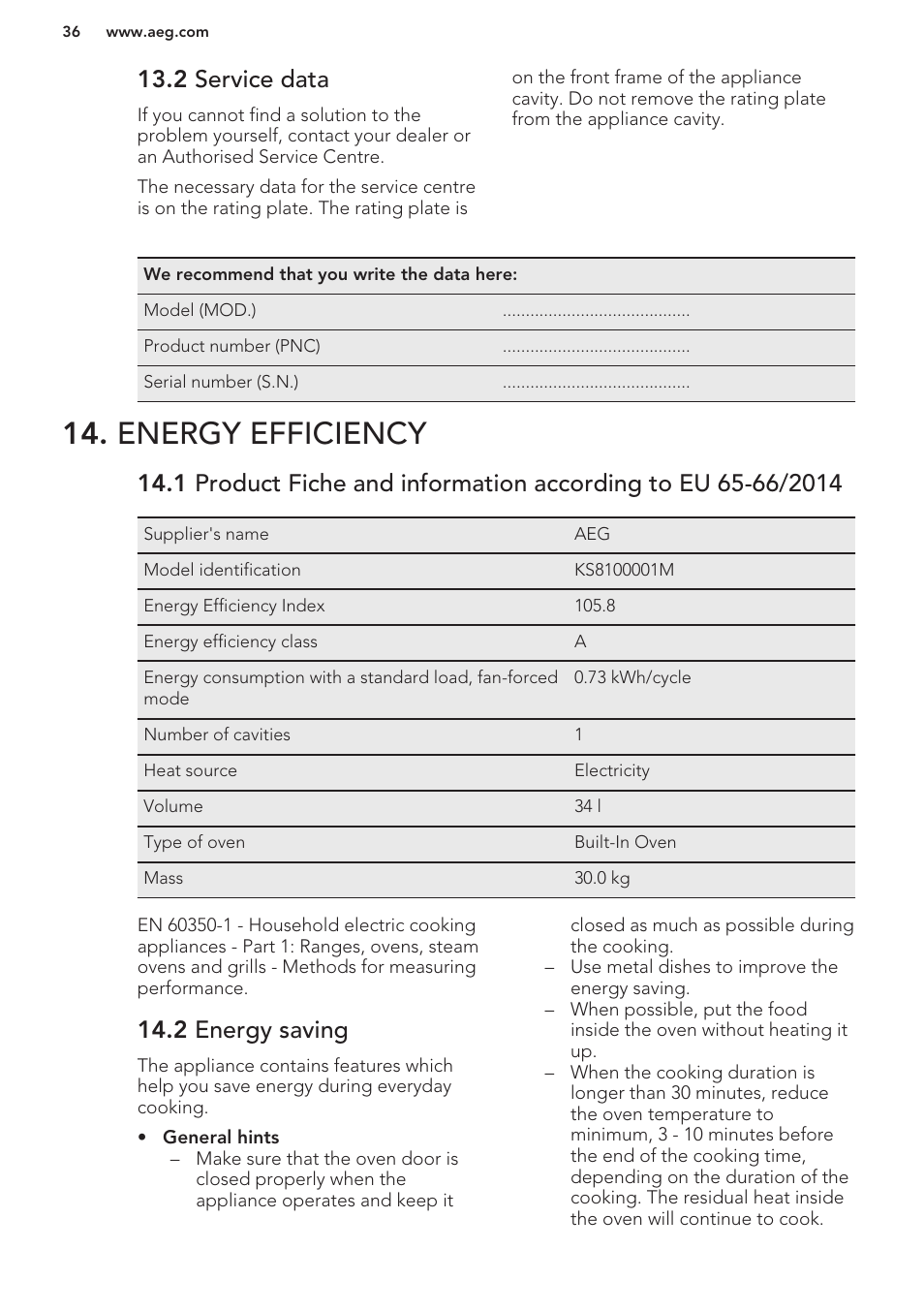 2 service data, Energy efficiency, 2 energy saving | AEG MCD3881E-M User Manual | Page 36 / 40