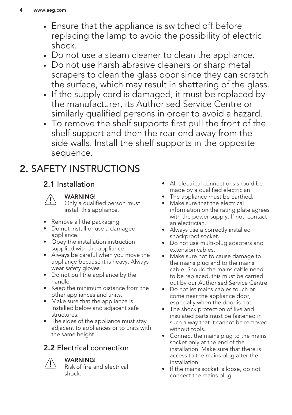 Safety instructions, 1 installation, 2 electrical connection | Do not use a steam cleaner to clean the appliance | AEG MCD3881E-M User Manual | Page 4 / 40