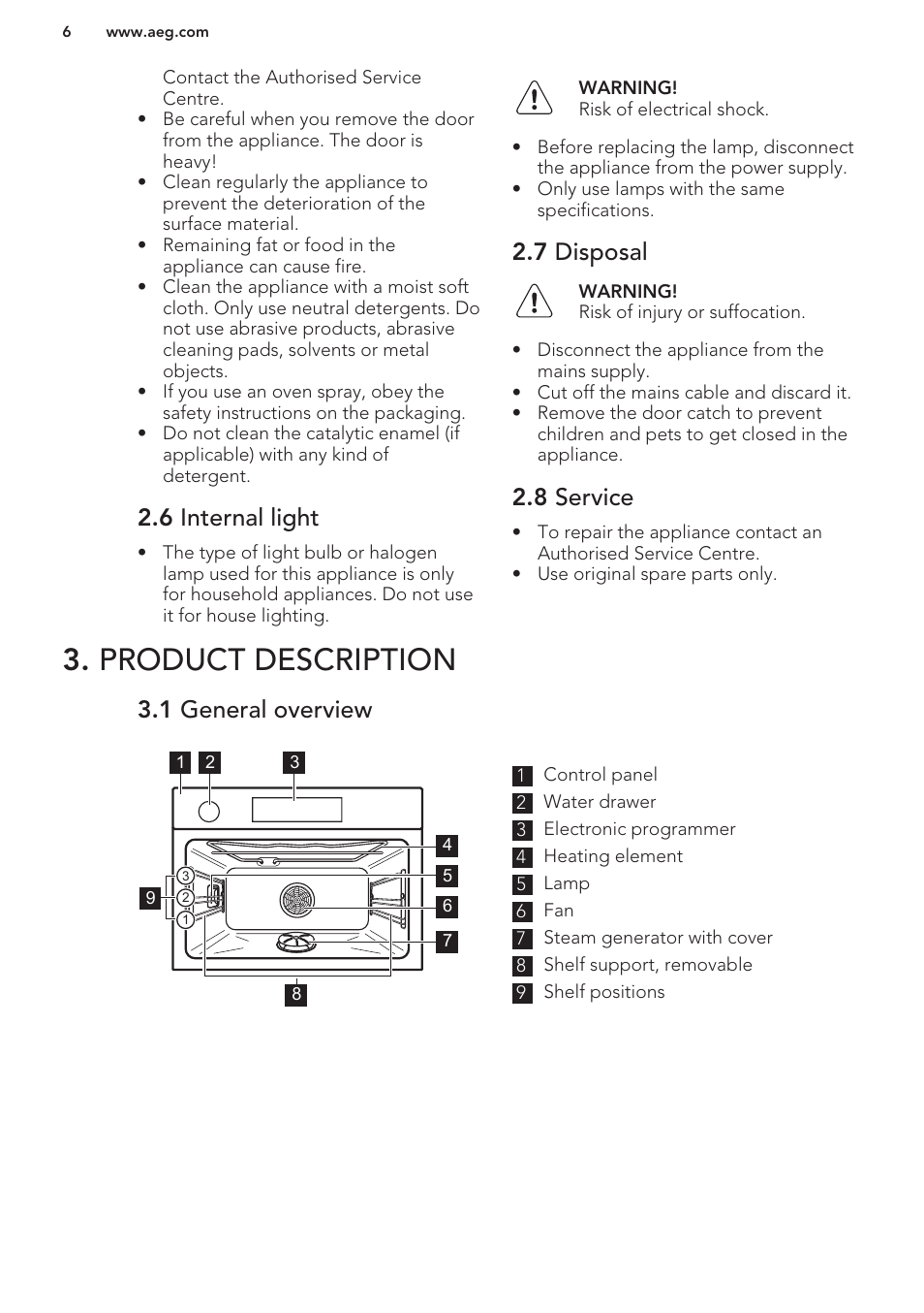 6 internal light, 7 disposal, 8 service | Product description, 1 general overview | AEG MCD3881E-M User Manual | Page 6 / 40