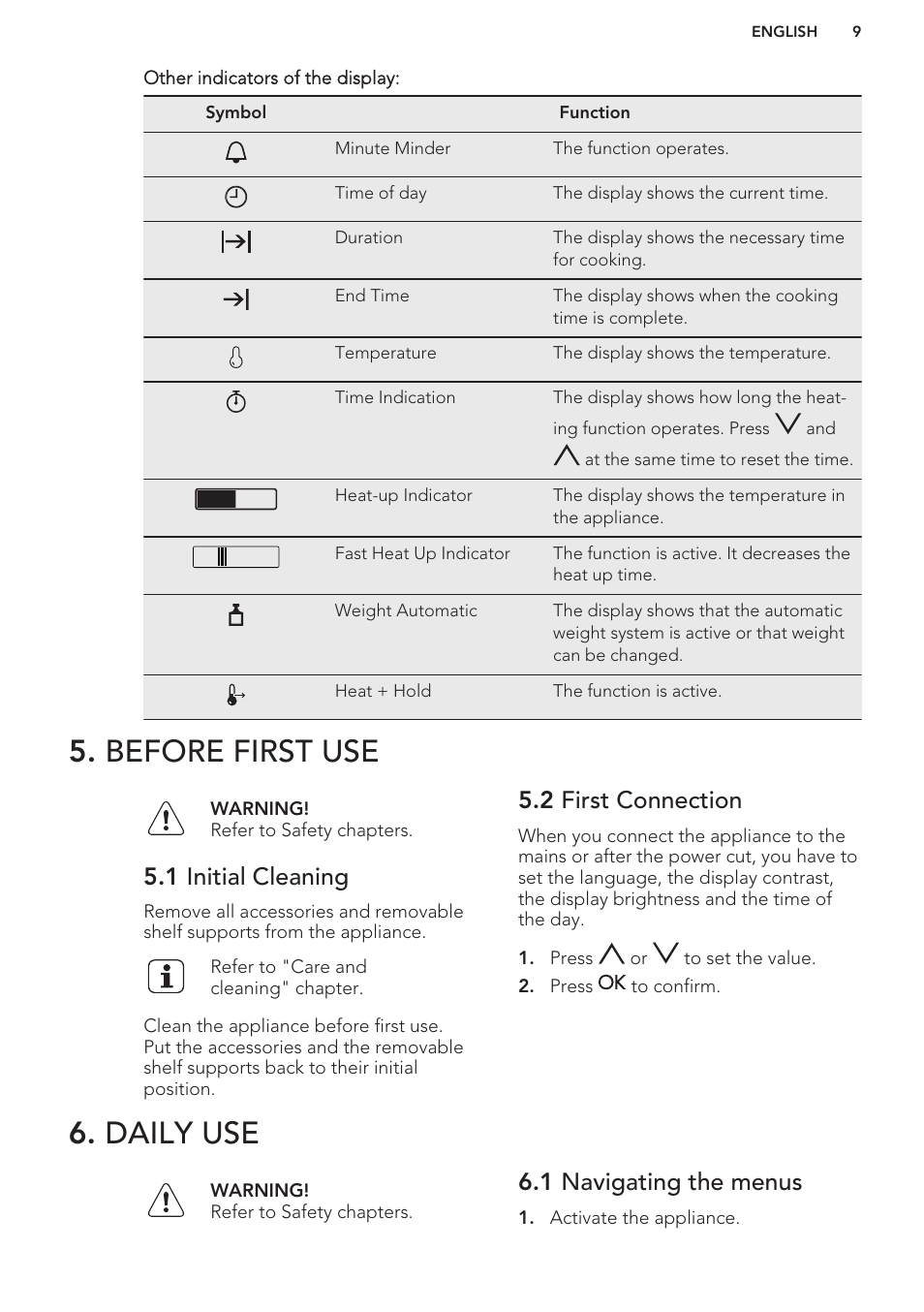 Before first use, 1 initial cleaning, 2 first connection | Daily use, 1 navigating the menus, Before first use 6. daily use | AEG MCD3881E-M User Manual | Page 9 / 40