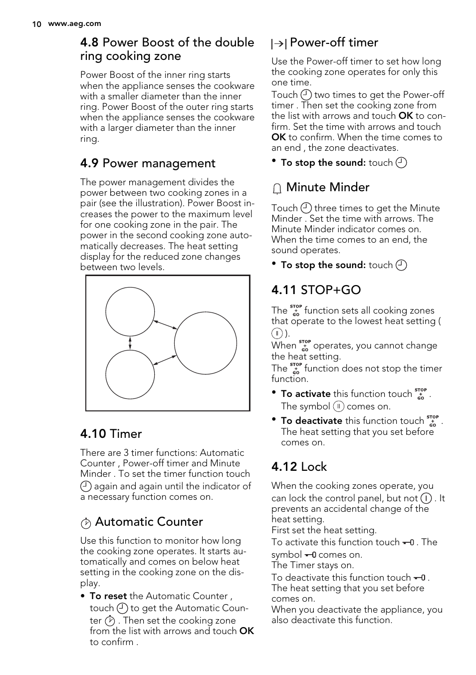 8 power boost of the double ring cooking zone, 9 power management, 10 timer | Automatic counter, Power-off timer, Minute minder, 11 stop+go, 12 lock | AEG HK854400FB User Manual | Page 10 / 20