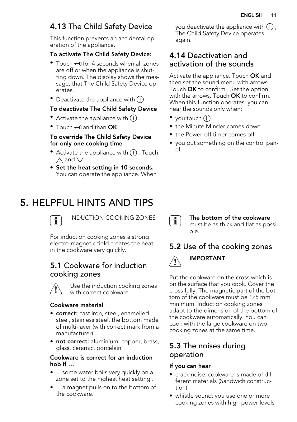 Helpful hints and tips, 13 the child safety device, 14 deactivation and activation of the sounds | 1 cookware for induction cooking zones, 2 use of the cooking zones, 3 the noises during operation | AEG HK854400FB User Manual | Page 11 / 20