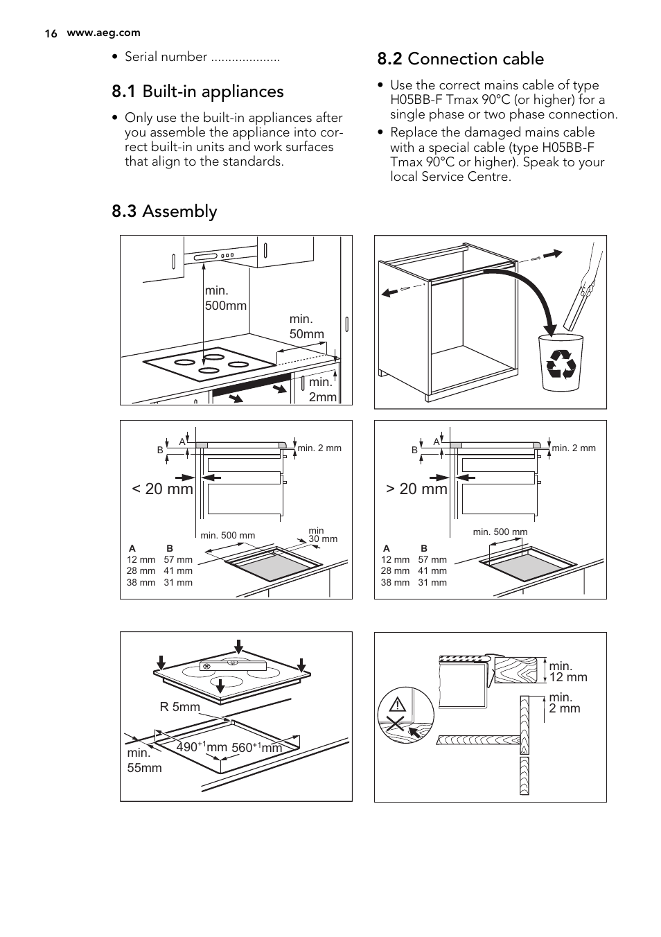 1 built-in appliances, 2 connection cable, 3 assembly | 20 mm | AEG HK854400FB User Manual | Page 16 / 20