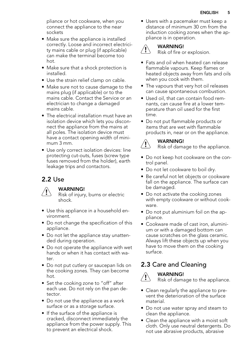 2 use, 3 care and cleaning | AEG HK854400FB User Manual | Page 5 / 20