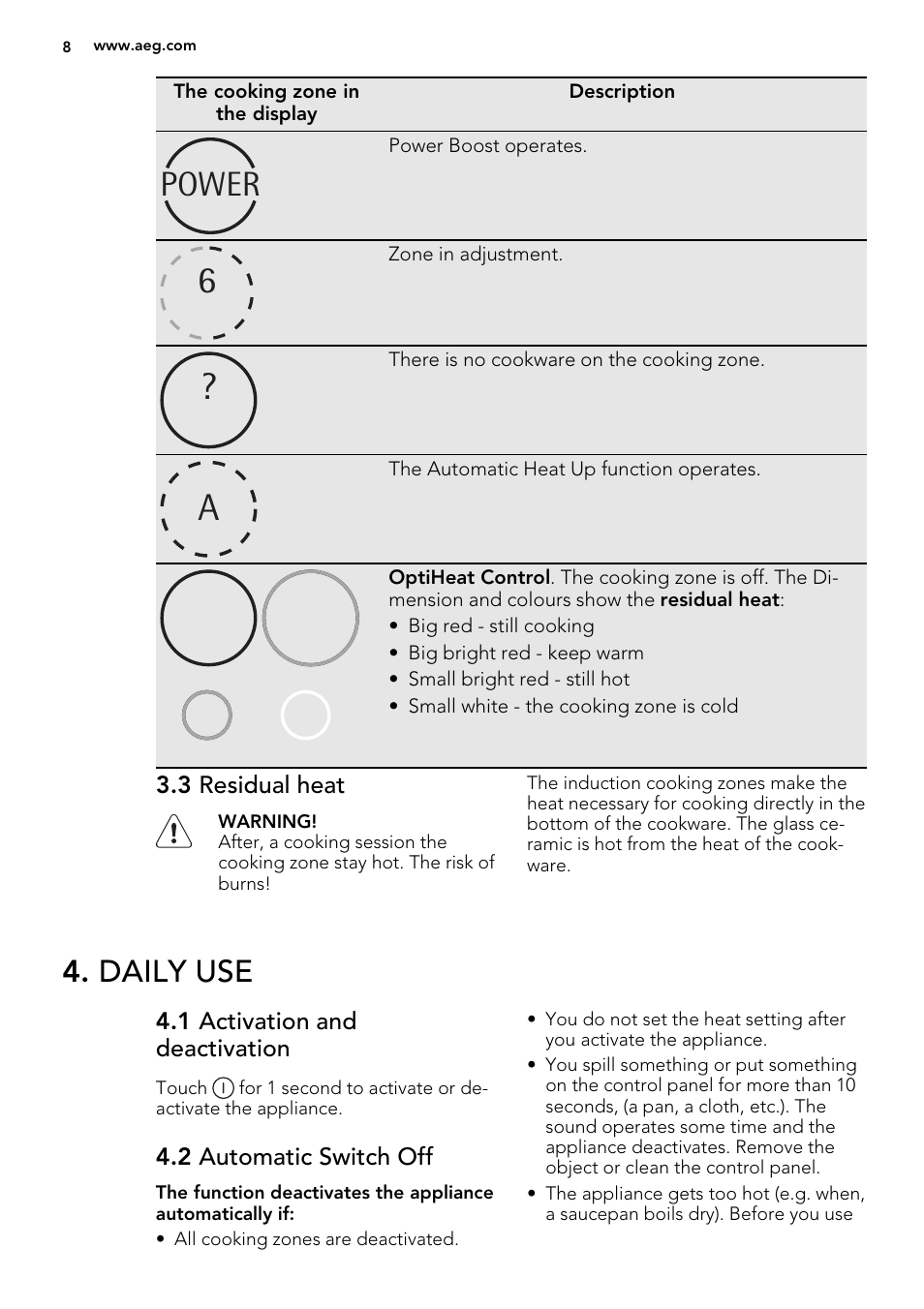 Power, Daily use | AEG HK854400FB User Manual | Page 8 / 20