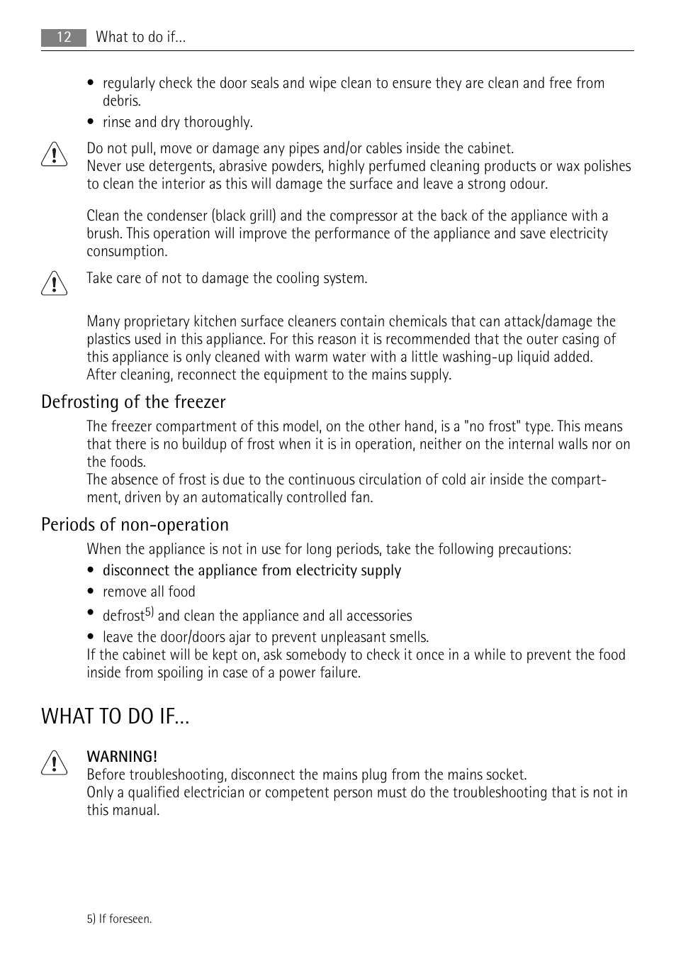 What to do if, Defrosting of the freezer, Periods of non-operation | AEG AGS58200F0 User Manual | Page 12 / 20