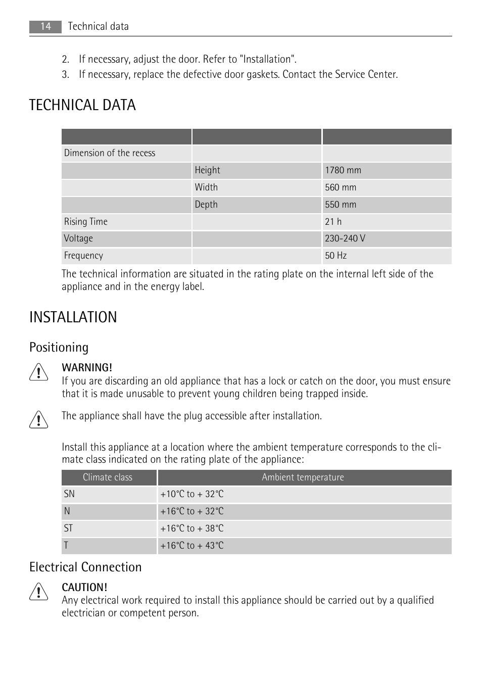 Technical data, Installation, Positioning | Electrical connection | AEG AGS58200F0 User Manual | Page 14 / 20
