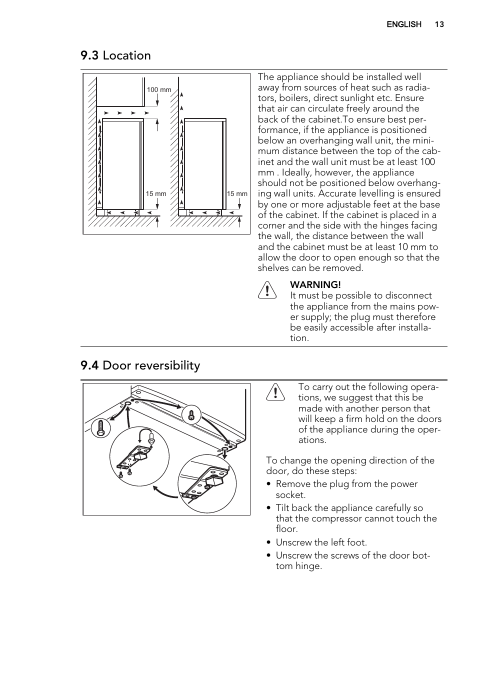 3 location, 4 door reversibility | AEG A72710GNW0 User Manual | Page 13 / 20