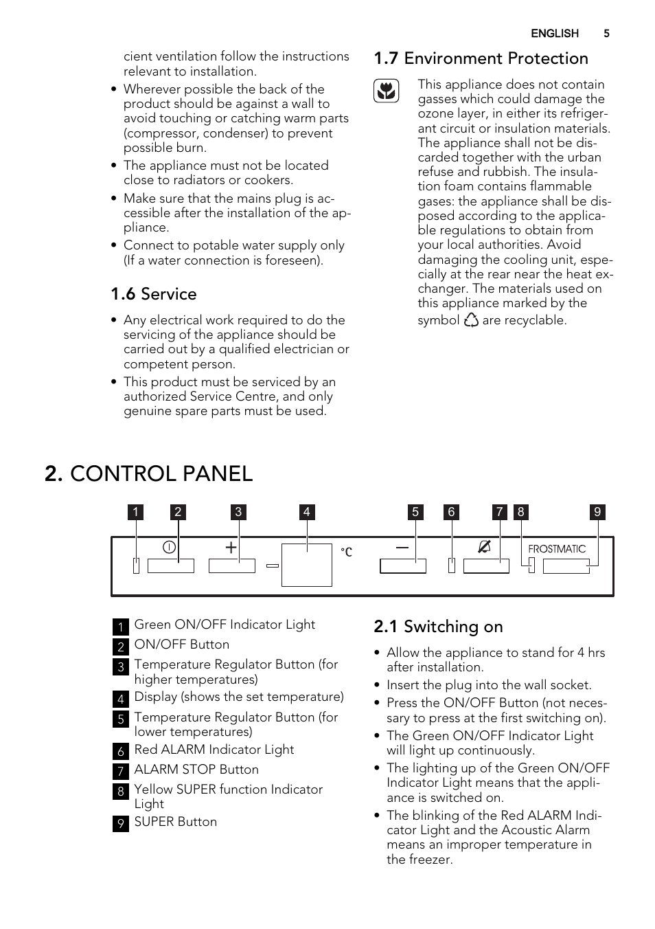 Control panel, 6 service, 7 environment protection | 1 switching on | AEG A72710GNW0 User Manual | Page 5 / 20