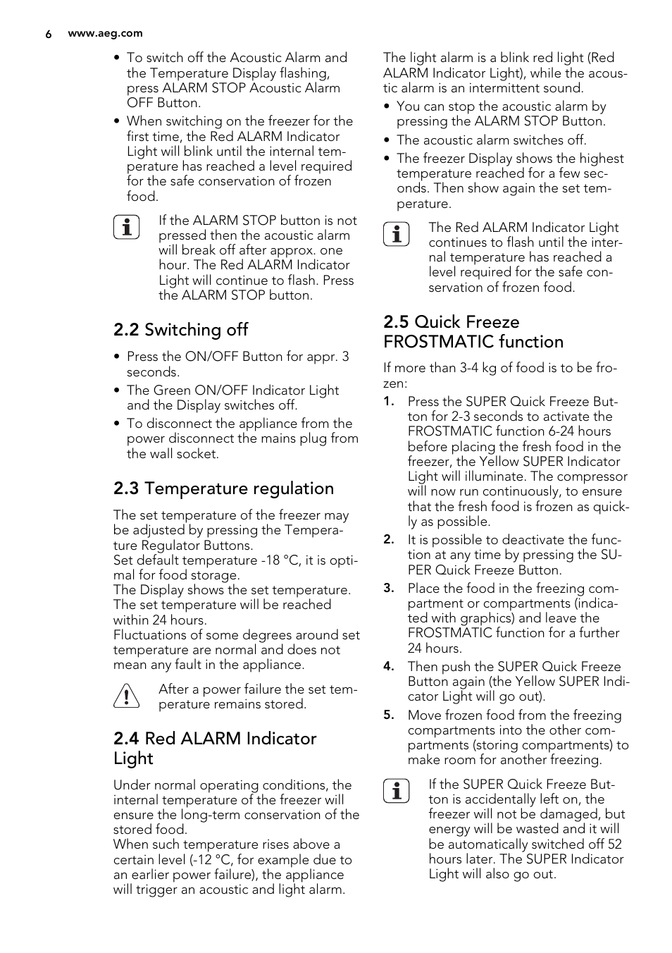 2 switching off, 3 temperature regulation, 4 red alarm indicator light | 5 quick freeze frostmatic function | AEG A72710GNW0 User Manual | Page 6 / 20