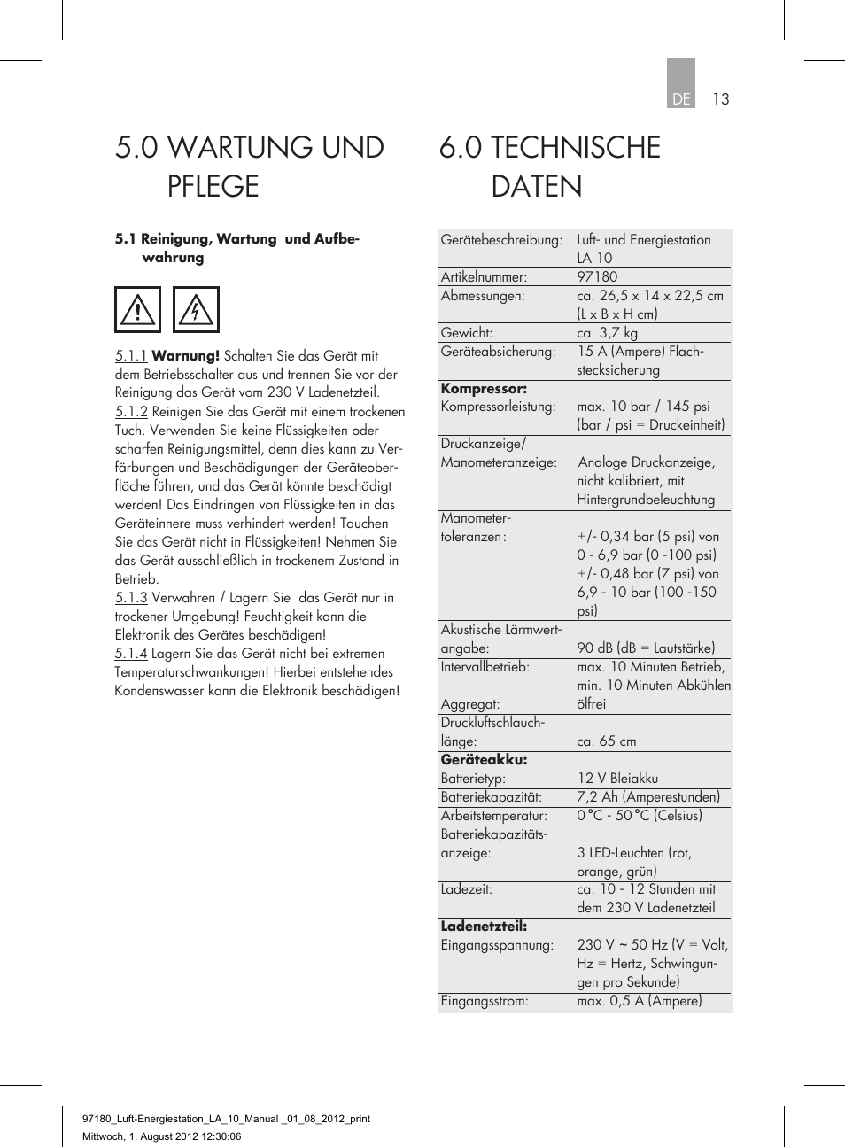 0 technische daten, 0 wartung und pflege | AEG AIR AND POWER STATION LA 10 User Manual | Page 13 / 80