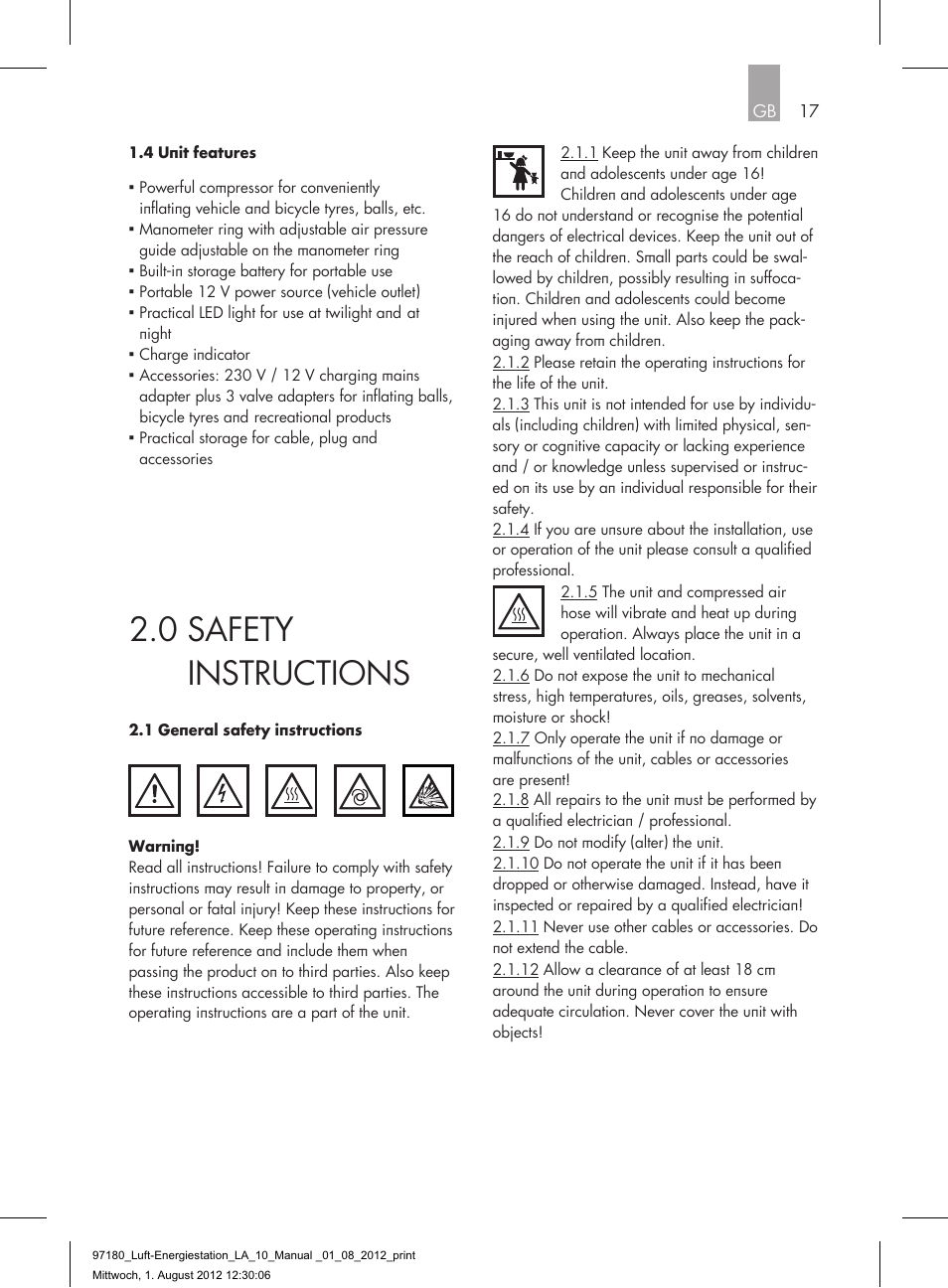 0 safety instructions | AEG AIR AND POWER STATION LA 10 User Manual | Page 17 / 80