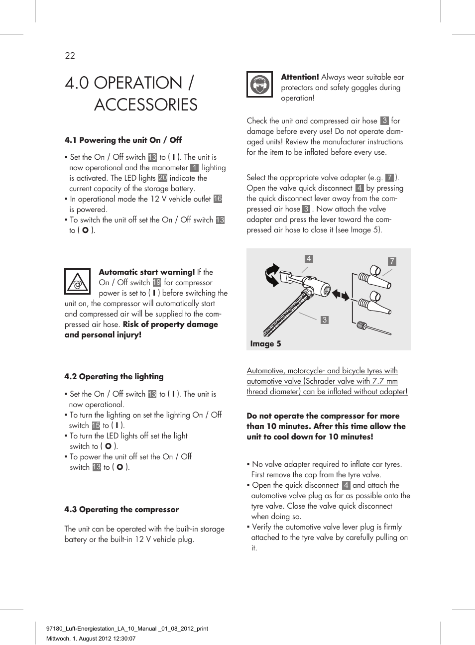0 operation / accessories | AEG AIR AND POWER STATION LA 10 User Manual | Page 22 / 80