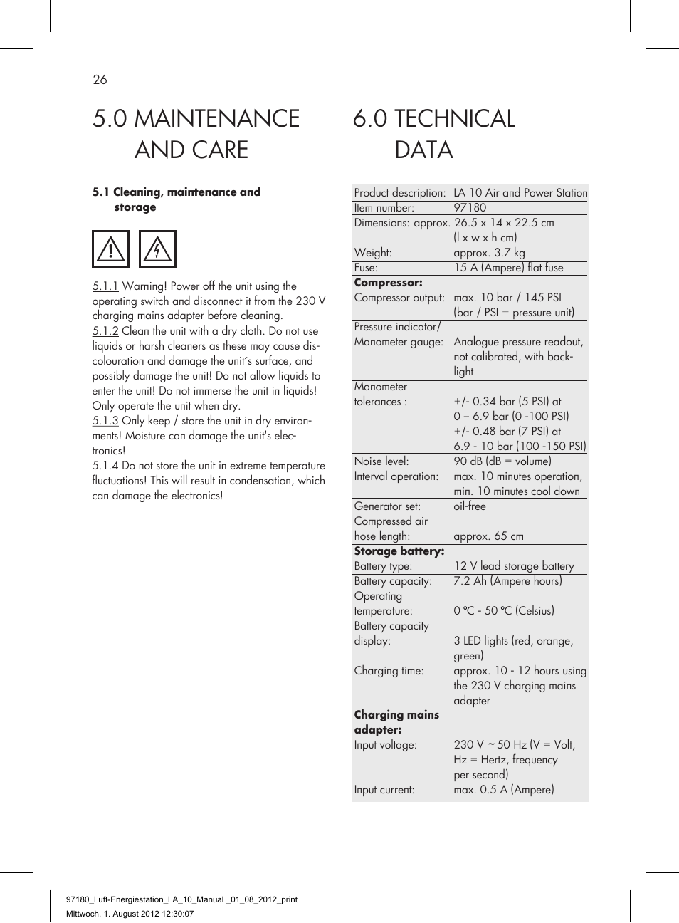0 technical data, 0 maintenance and care | AEG AIR AND POWER STATION LA 10 User Manual | Page 26 / 80