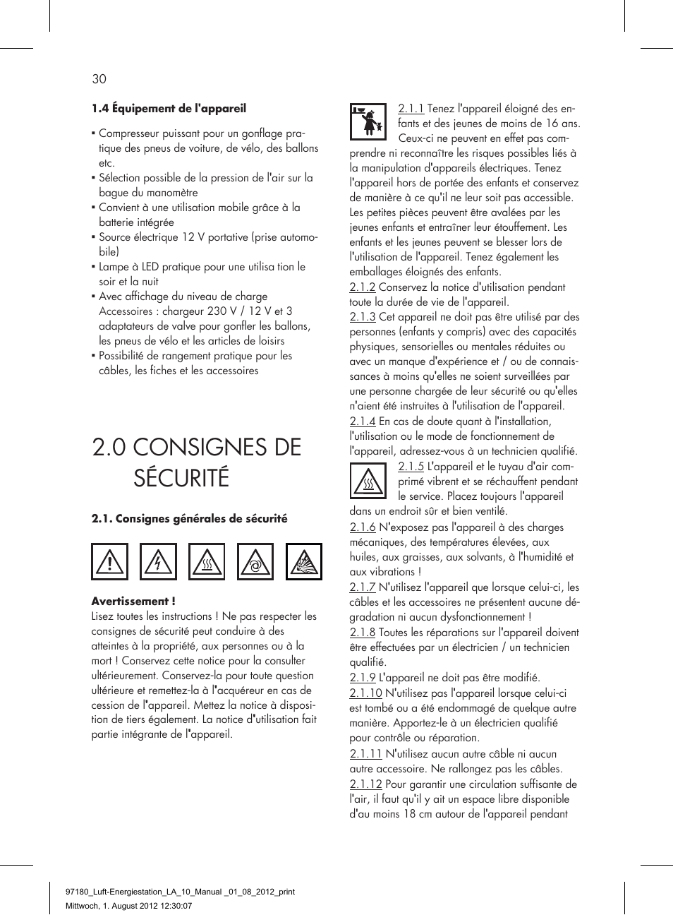 0 consignes de sécurité | AEG AIR AND POWER STATION LA 10 User Manual | Page 30 / 80
