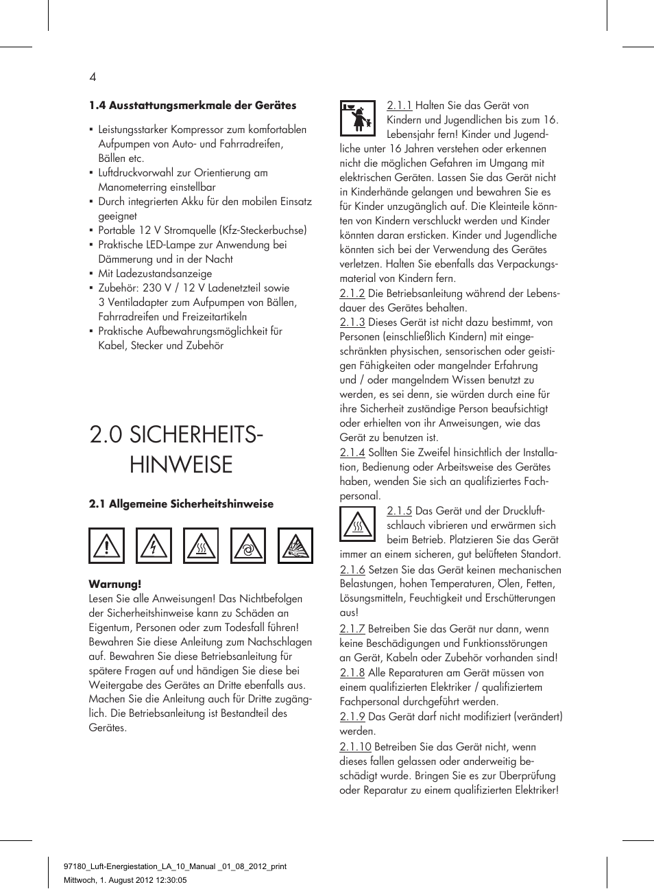 0 sicherheits- hinweise | AEG AIR AND POWER STATION LA 10 User Manual | Page 4 / 80