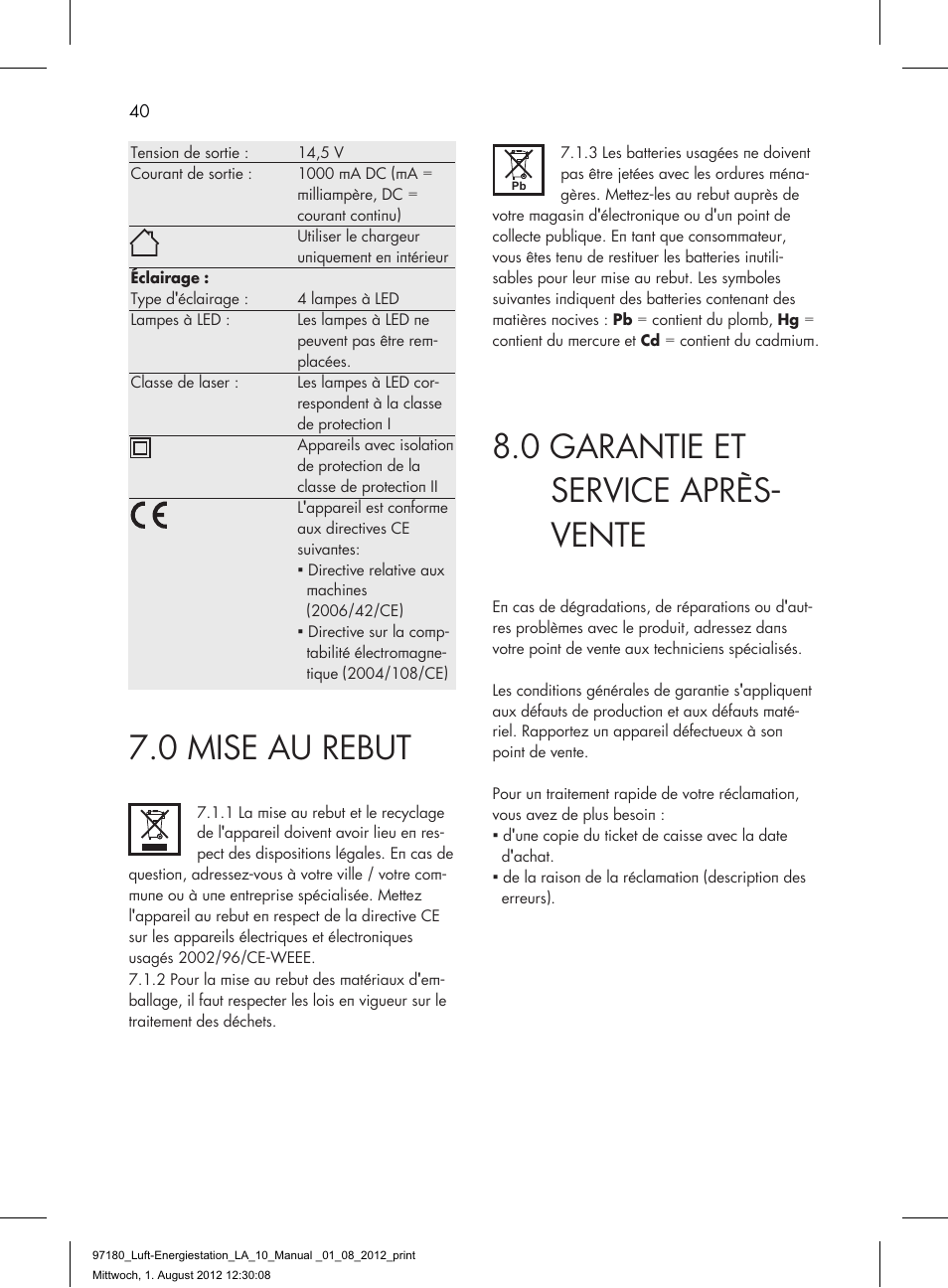 0 garantie et service après- vente, 0 mise au rebut | AEG AIR AND POWER STATION LA 10 User Manual | Page 40 / 80