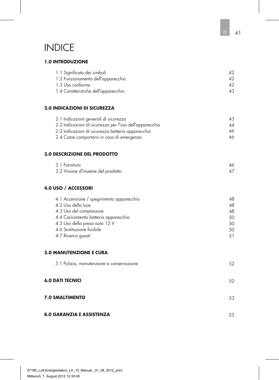 Indice | AEG AIR AND POWER STATION LA 10 User Manual | Page 41 / 80