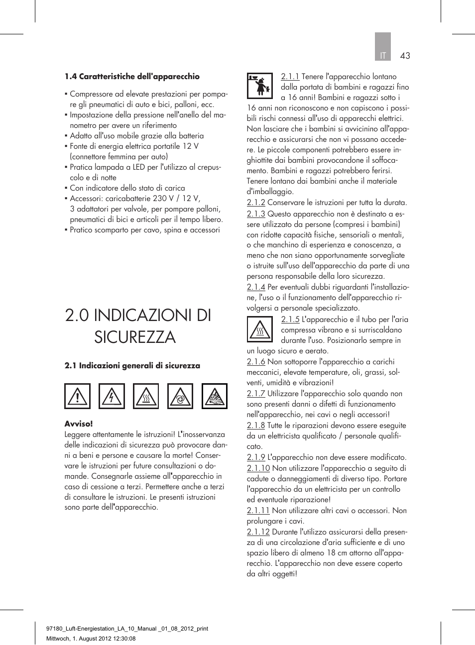 0 indicazioni di sicurezza | AEG AIR AND POWER STATION LA 10 User Manual | Page 43 / 80