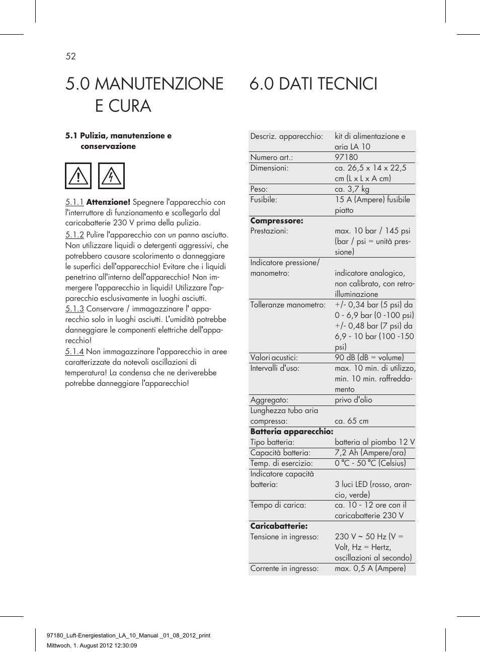 0 dati tecnici, 0 manutenzione e cura | AEG AIR AND POWER STATION LA 10 User Manual | Page 52 / 80