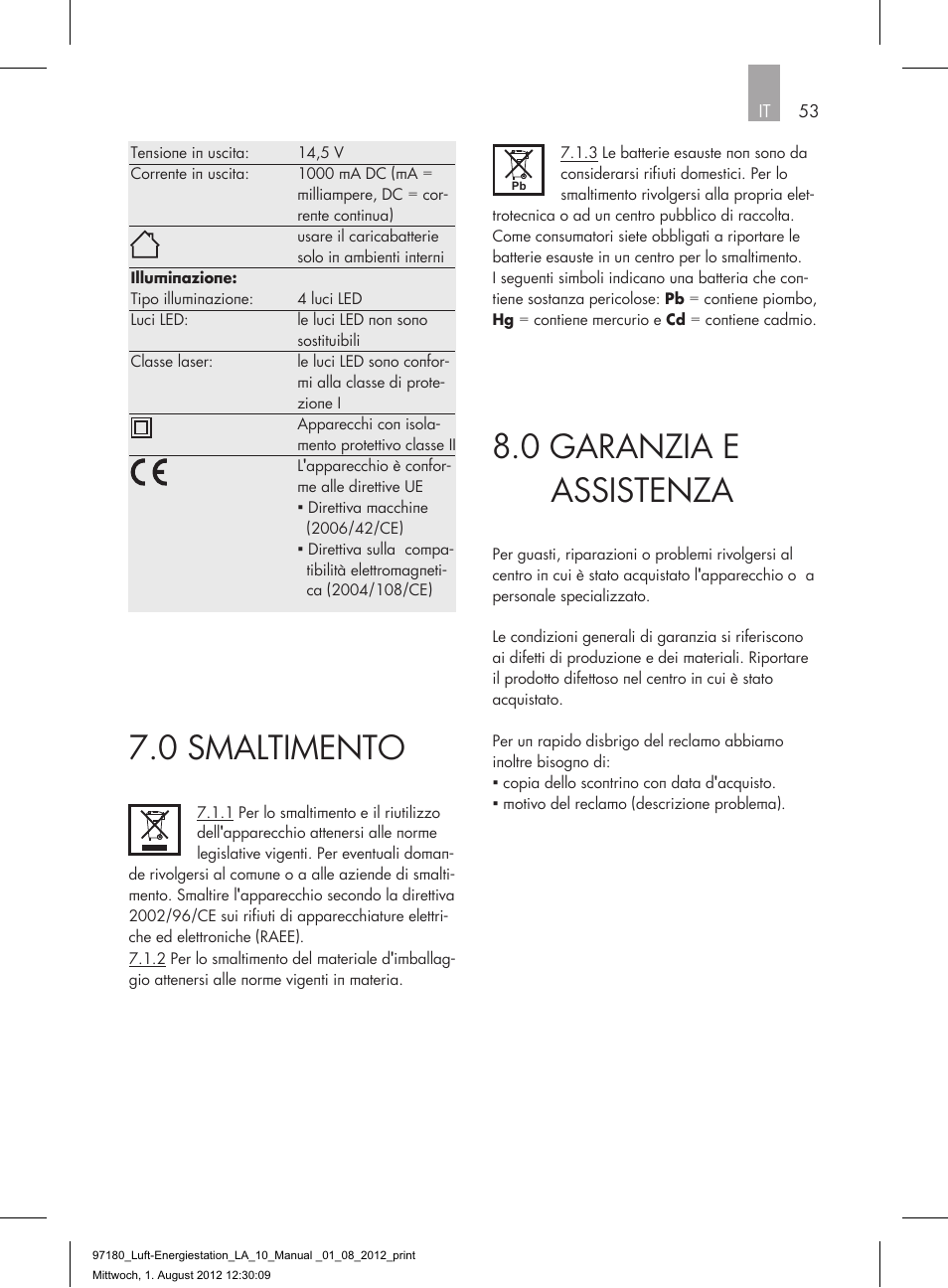 0 garanzia e assistenza, 0 smaltimento | AEG AIR AND POWER STATION LA 10 User Manual | Page 53 / 80