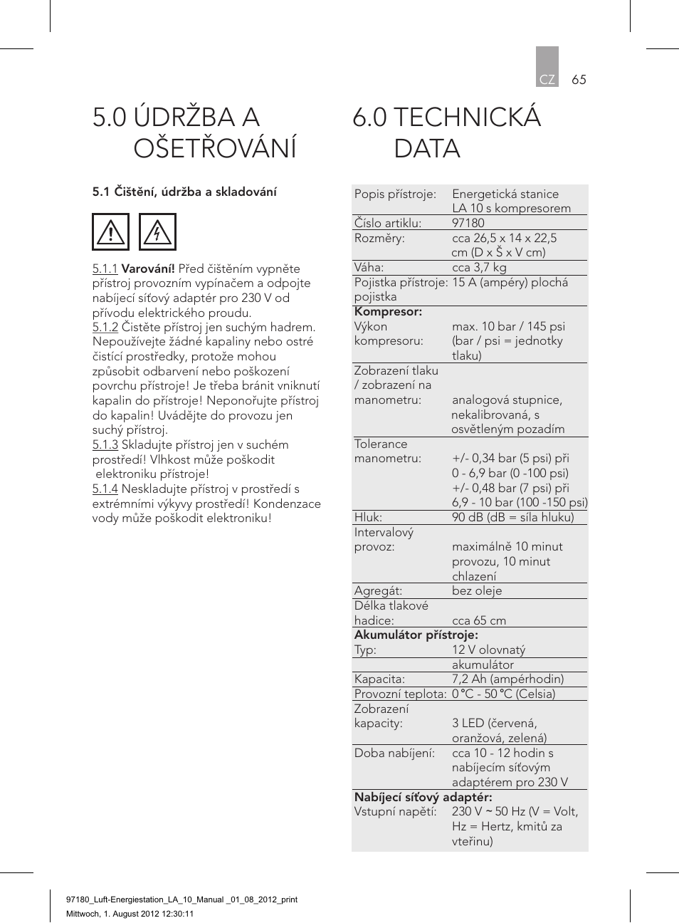 0 technická data, 0 údržba a ošetřování | AEG AIR AND POWER STATION LA 10 User Manual | Page 65 / 80