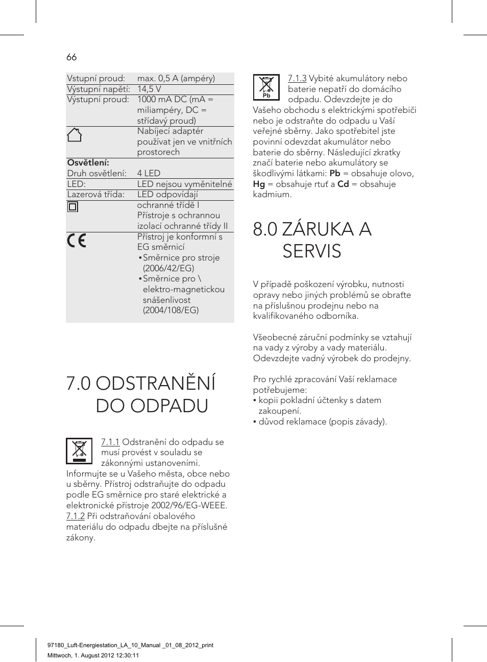 0 záruka a servis, 0 odstranění do odpadu | AEG AIR AND POWER STATION LA 10 User Manual | Page 66 / 80