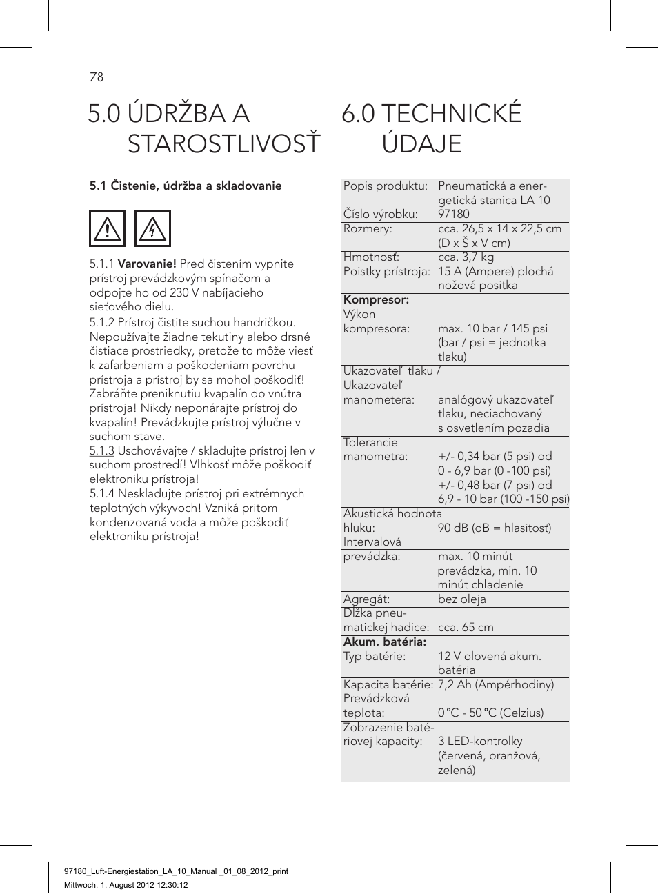 0 technické údaje, 0 údržba a starostlivosť | AEG AIR AND POWER STATION LA 10 User Manual | Page 78 / 80
