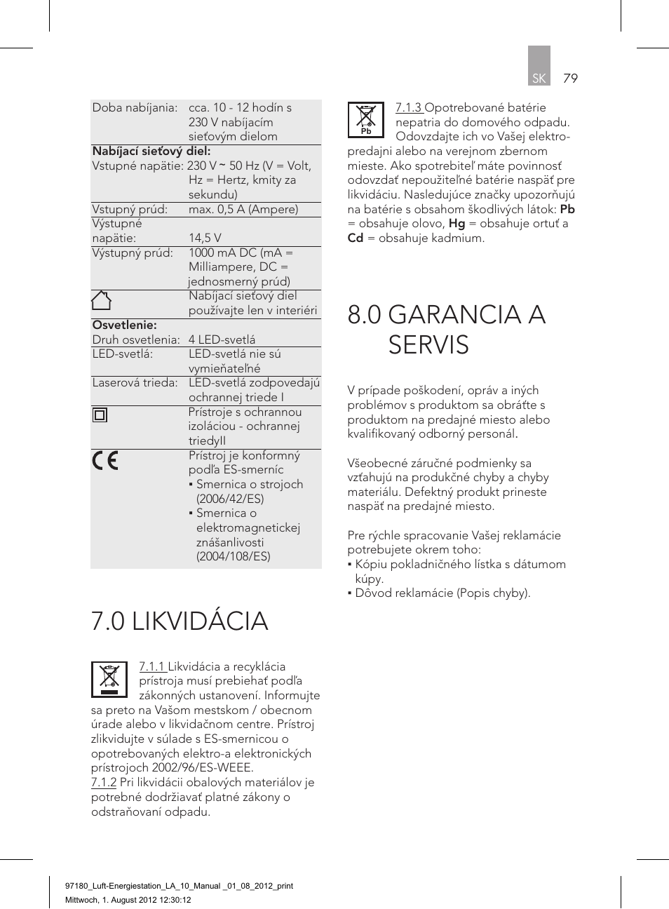 0 garancia a servis, 0 likvidácia | AEG AIR AND POWER STATION LA 10 User Manual | Page 79 / 80