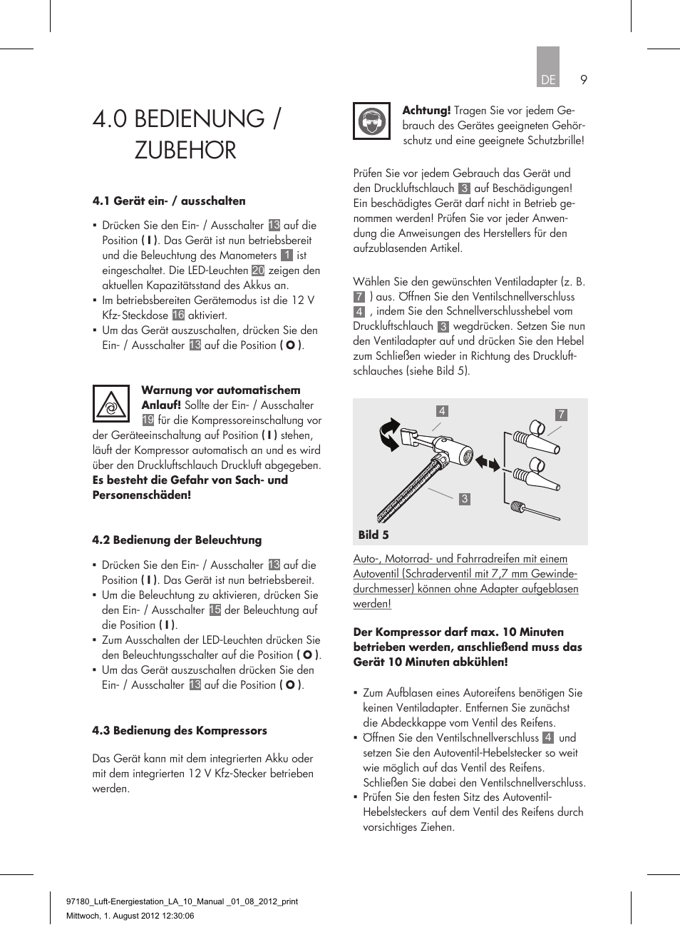 0 bedienung / zubehör | AEG AIR AND POWER STATION LA 10 User Manual | Page 9 / 80