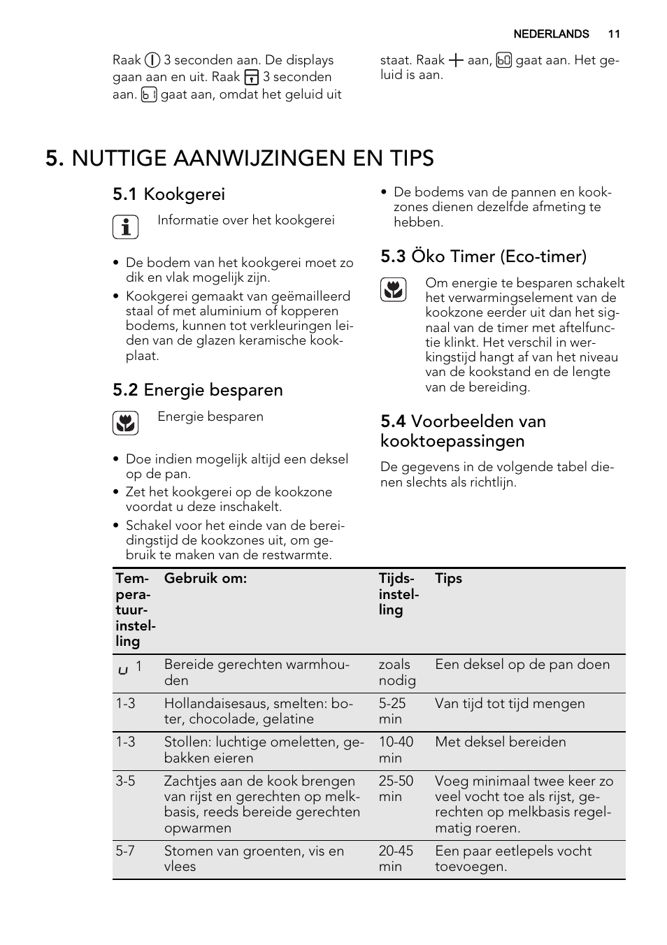 Nuttige aanwijzingen en tips, 1 kookgerei, 2 energie besparen | 3 öko timer (eco-timer), 4 voorbeelden van kooktoepassingen | AEG HK614010BB User Manual | Page 11 / 68