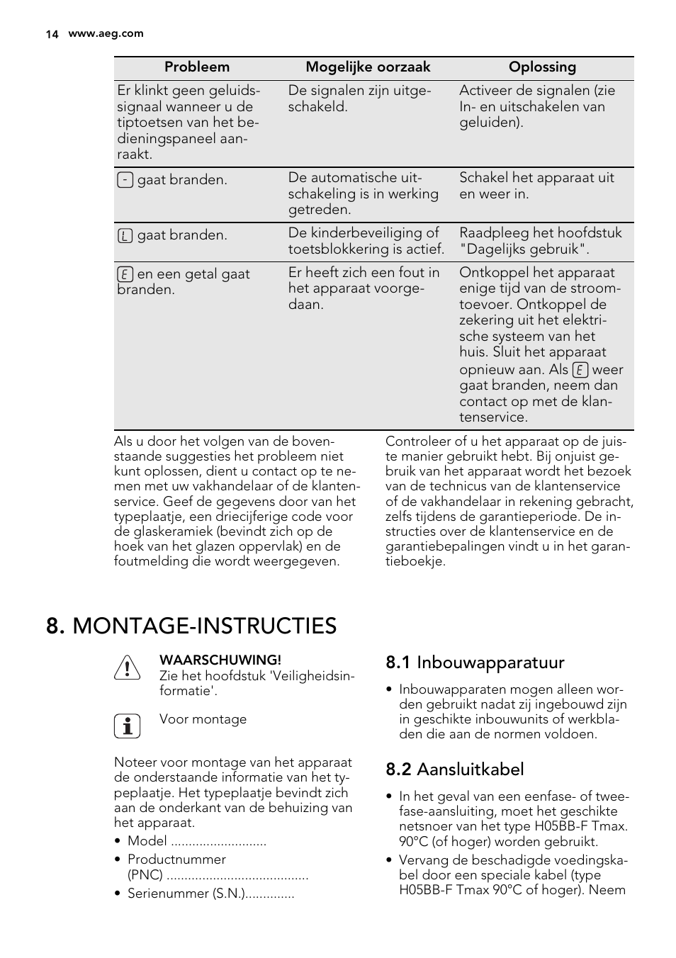 Montage-instructies, 1 inbouwapparatuur, 2 aansluitkabel | AEG HK614010BB User Manual | Page 14 / 68