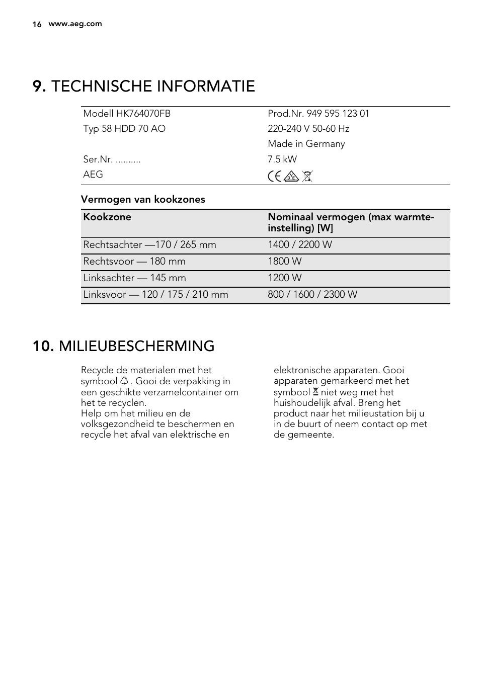 Technische informatie, Milieubescherming | AEG HK614010BB User Manual | Page 16 / 68